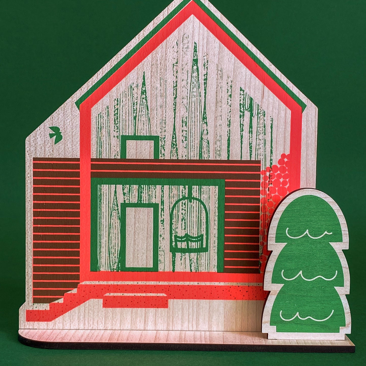 Mountain Cabin wooden decoration, hand screen printed by The Print Lass