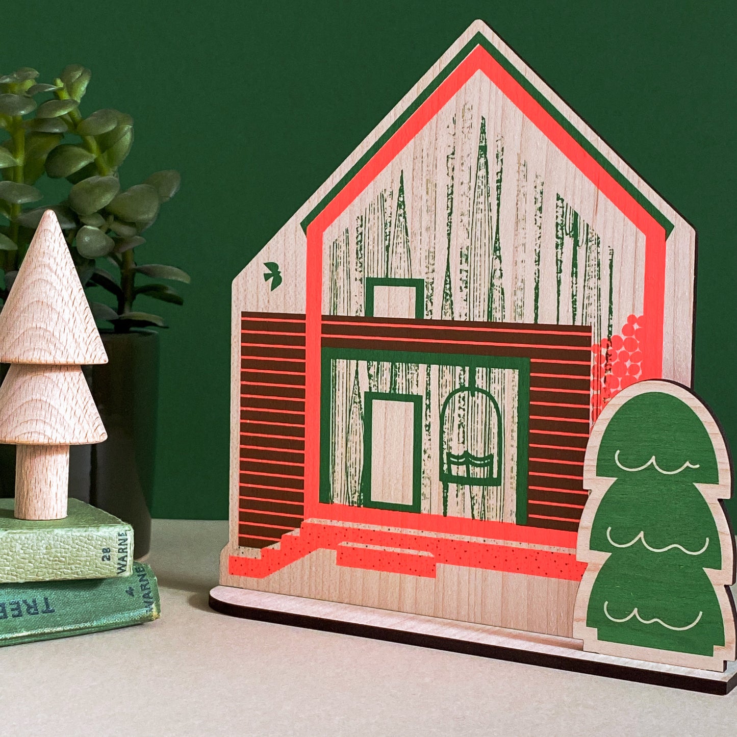 Mountain Cabin wooden decoration, hand screen printed by The Print Lass