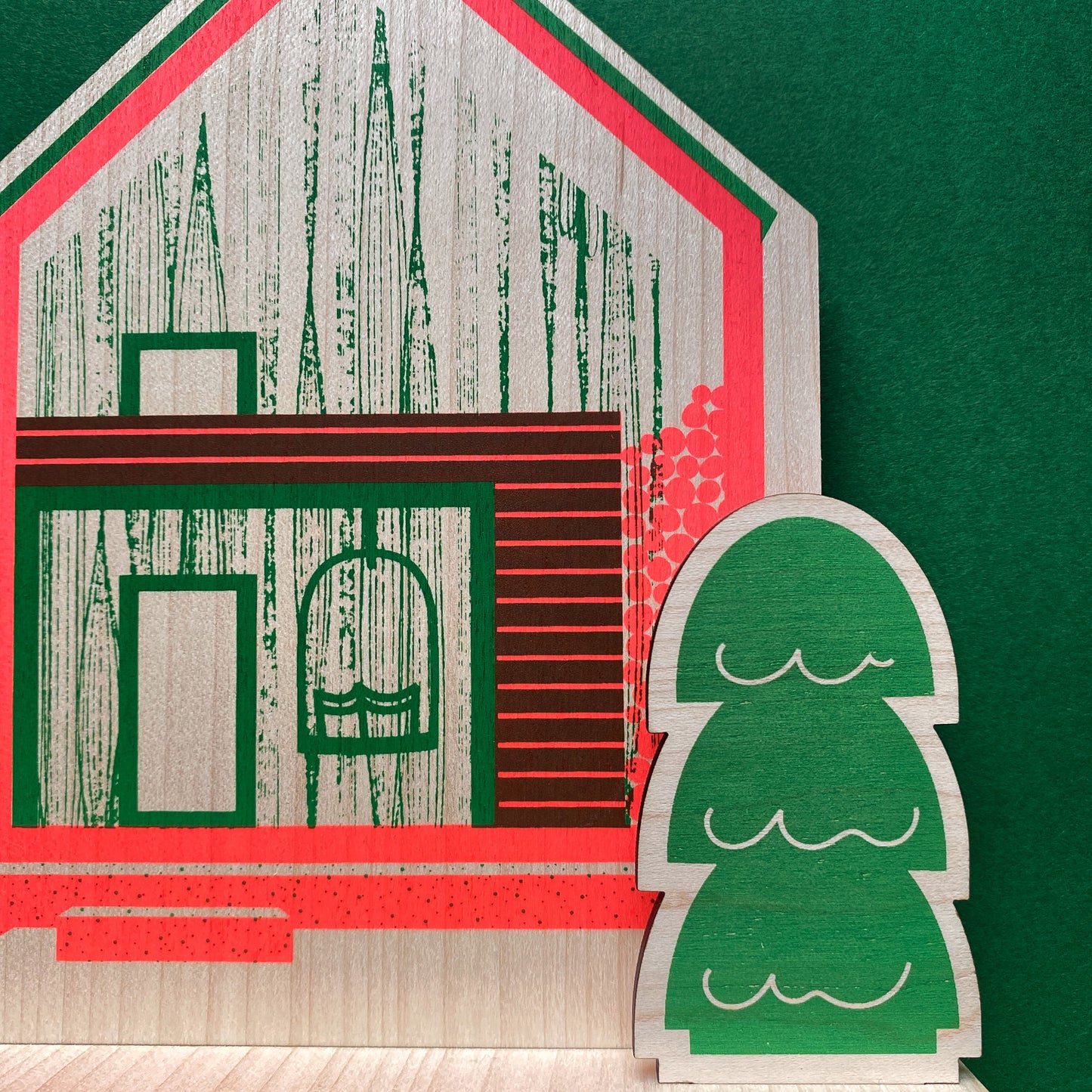 Mountain Cabin wooden decoration, hand screen printed by The Print Lass