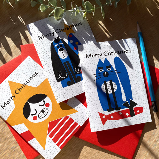 Set of 6 Recycled Christmas Cards - Character designs