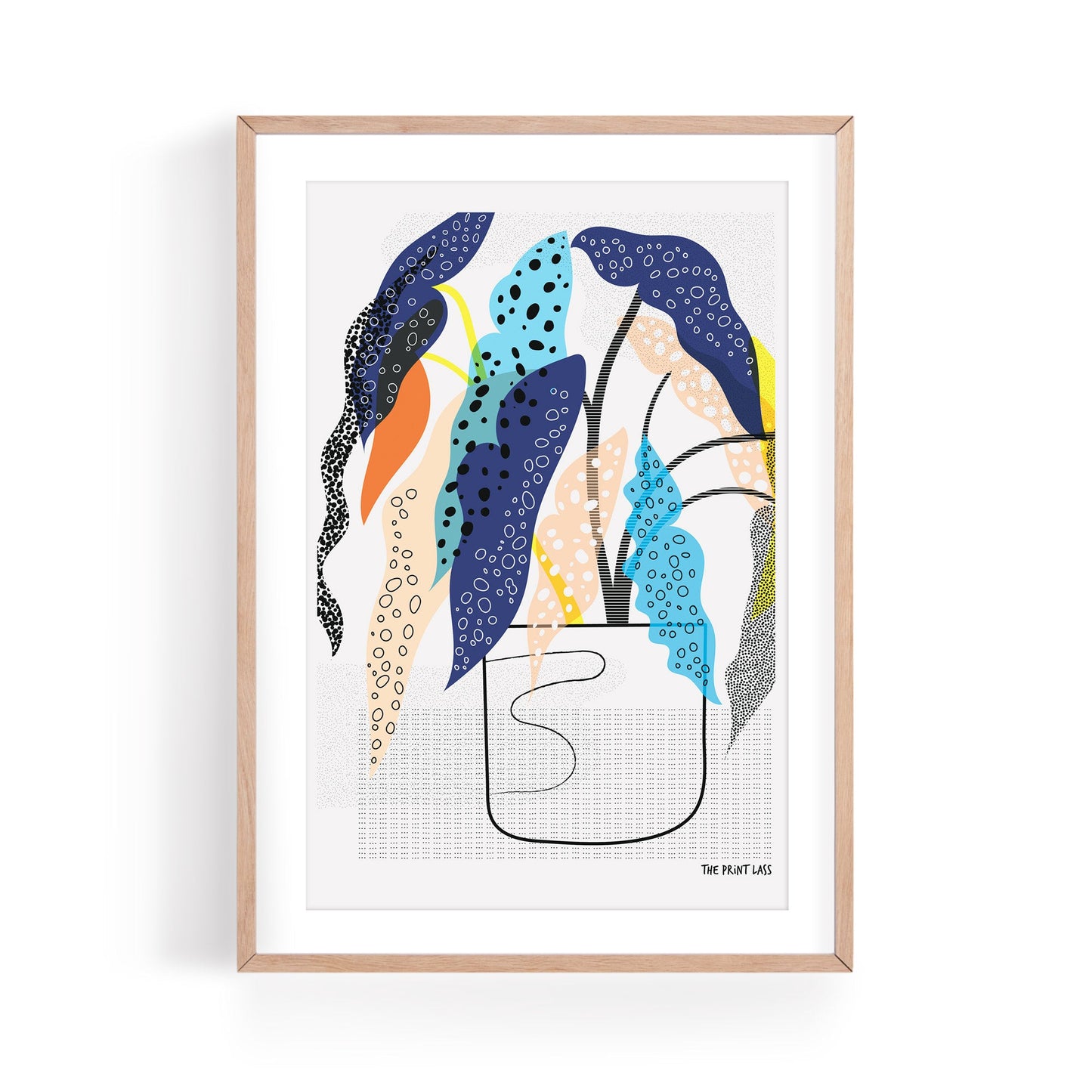 Polka Dot Begonia Plant Art Print by The Print Lass. A colourful plant print shown in light wood frame on a white background.