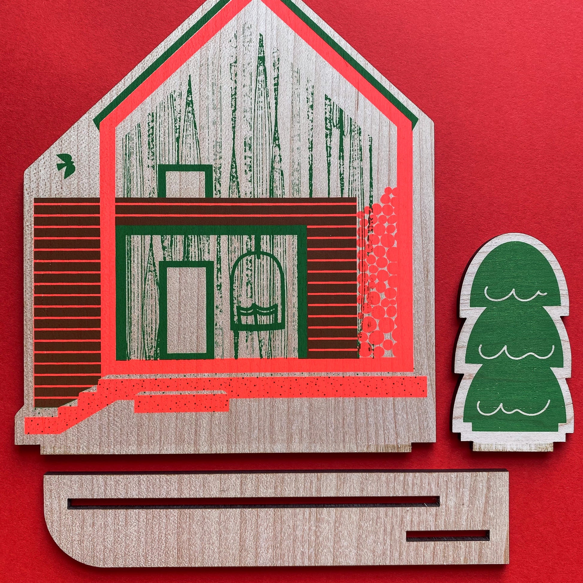 Mountain Cabin wooden decoration, hand screen printed by The Print Lass
