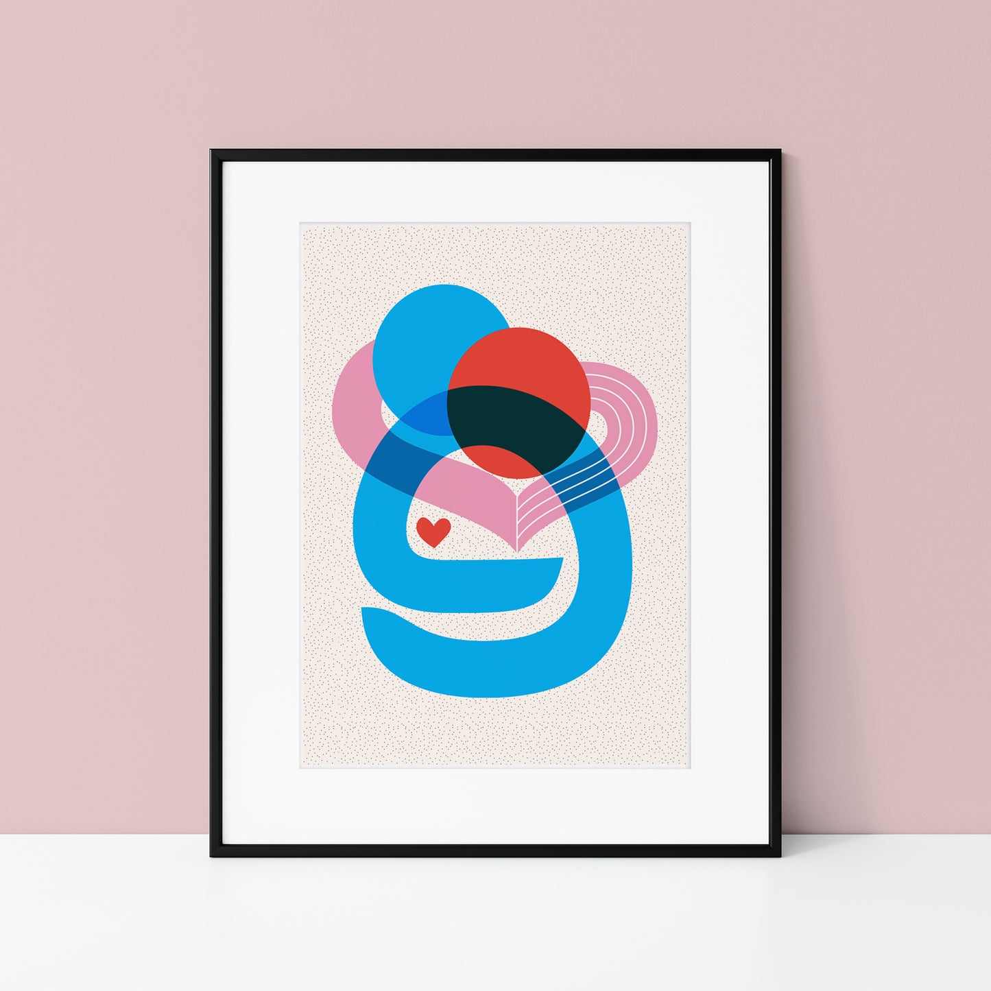 Blue Hug Art print in black frame (not included), pink background.