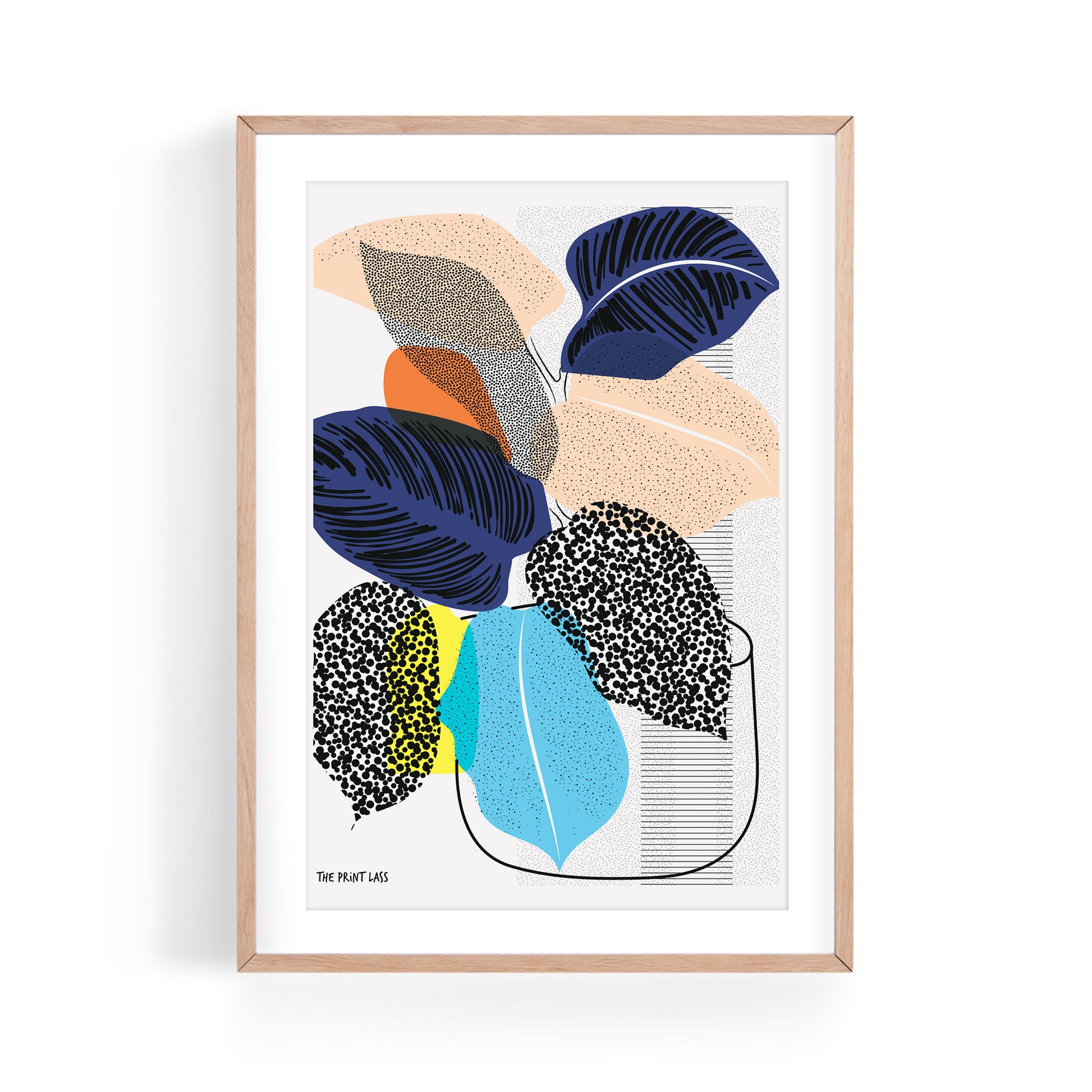 Calathea Plant A4 A5 Art Print by The Print Lass, shown in light wood frame (not included) on white background