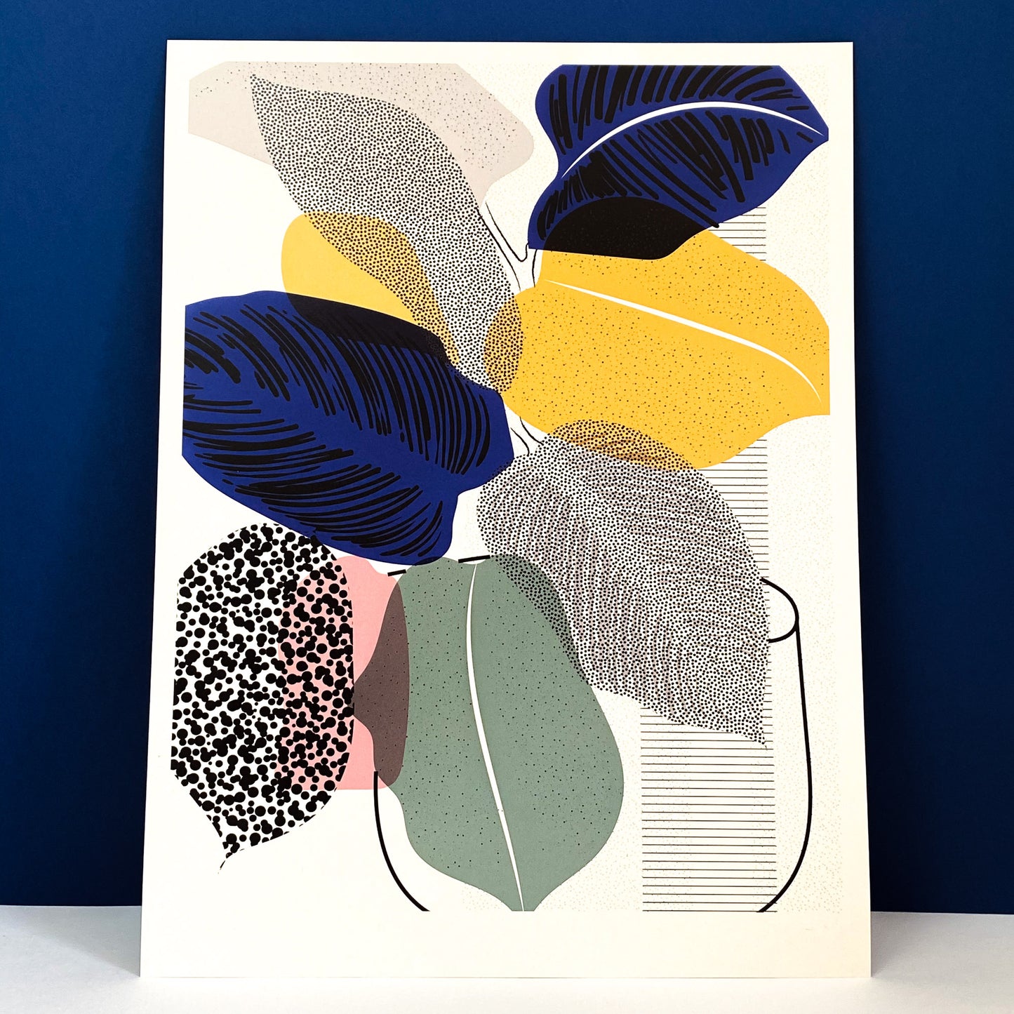 Calathea Pinstripe Plant Art Print by The Print Lass. Shown against a blue background