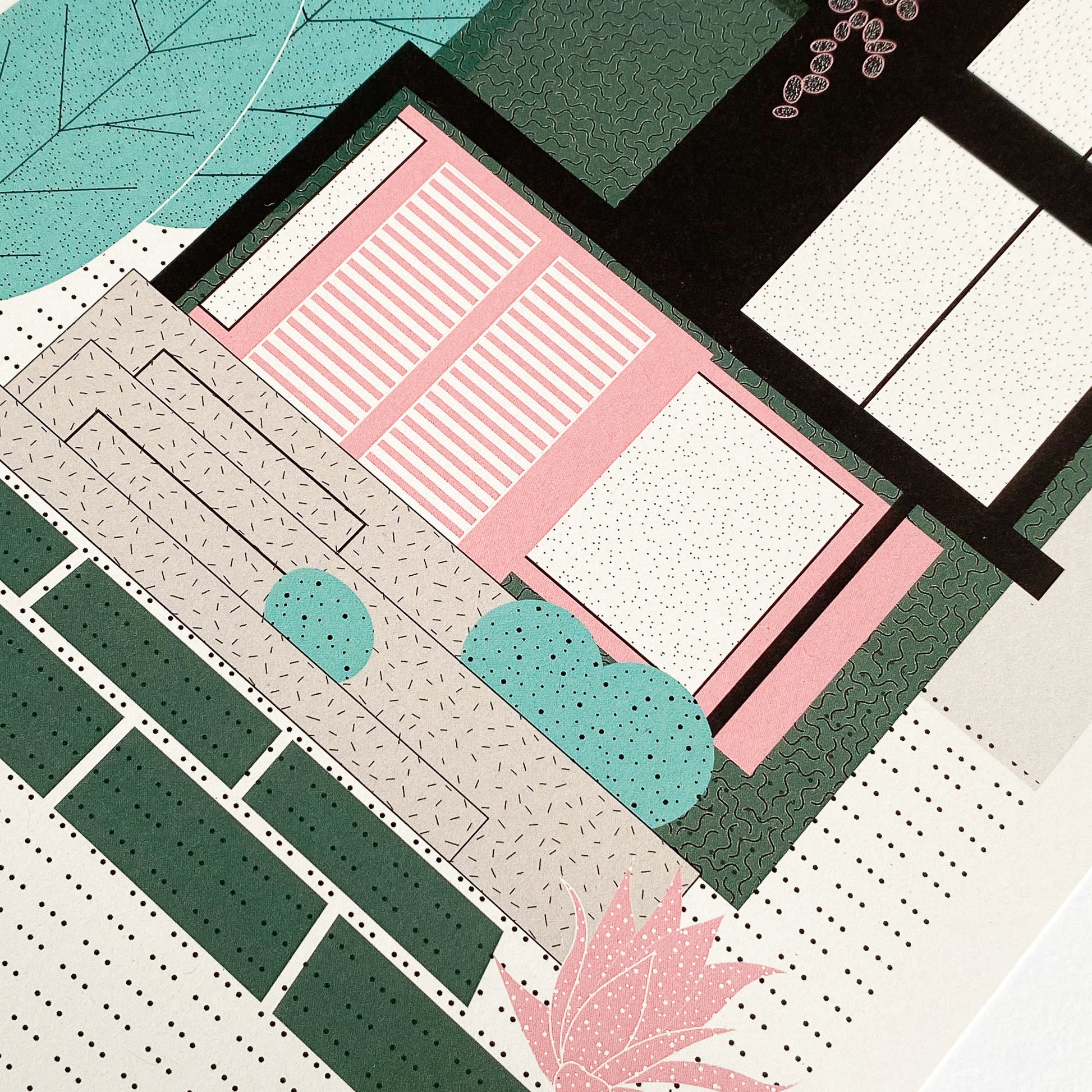 Green Mid Century Townhouse Art Print by The Print Lass. Detail.