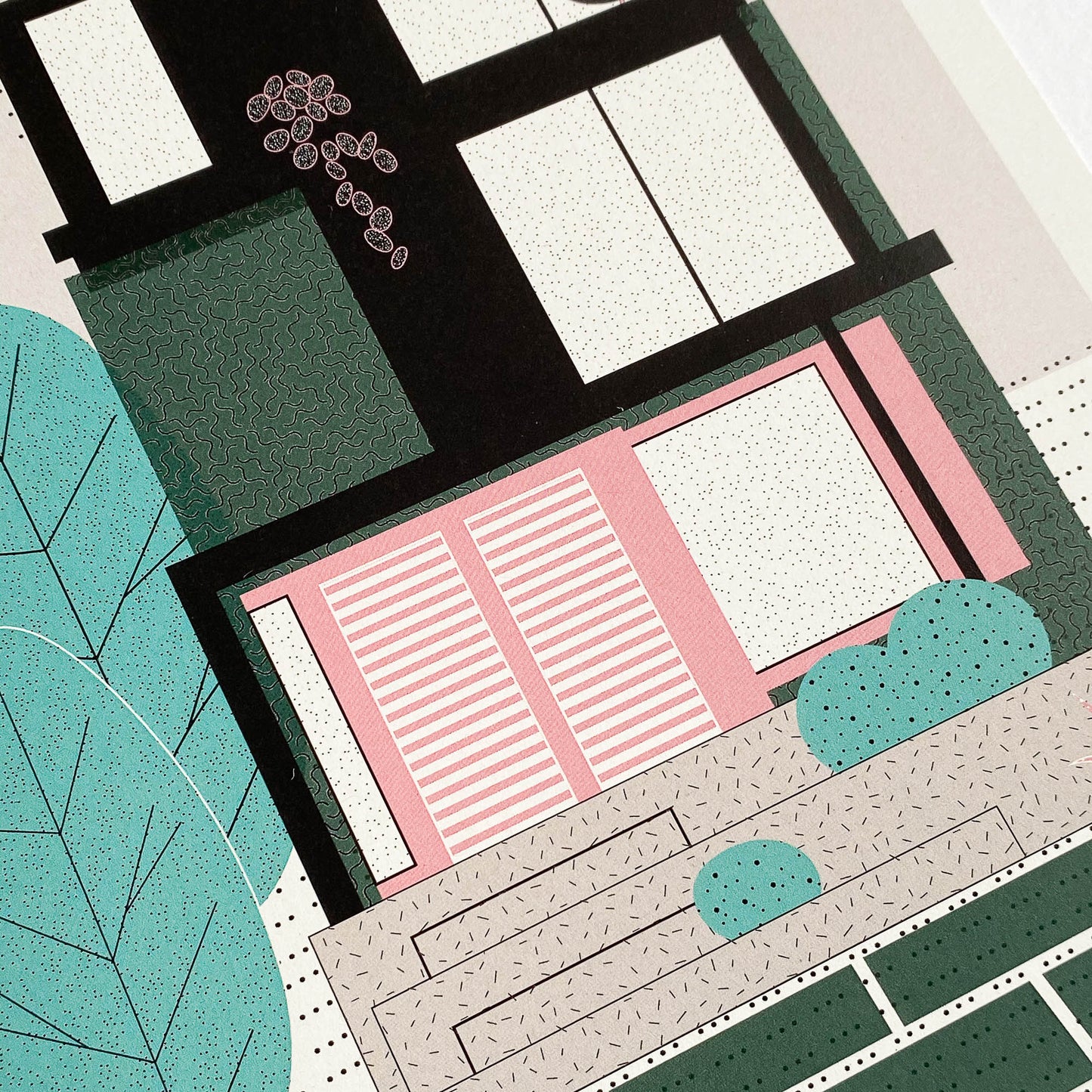 Green Mid Century Townhouse Art Print by The Print Lass. Detail.
