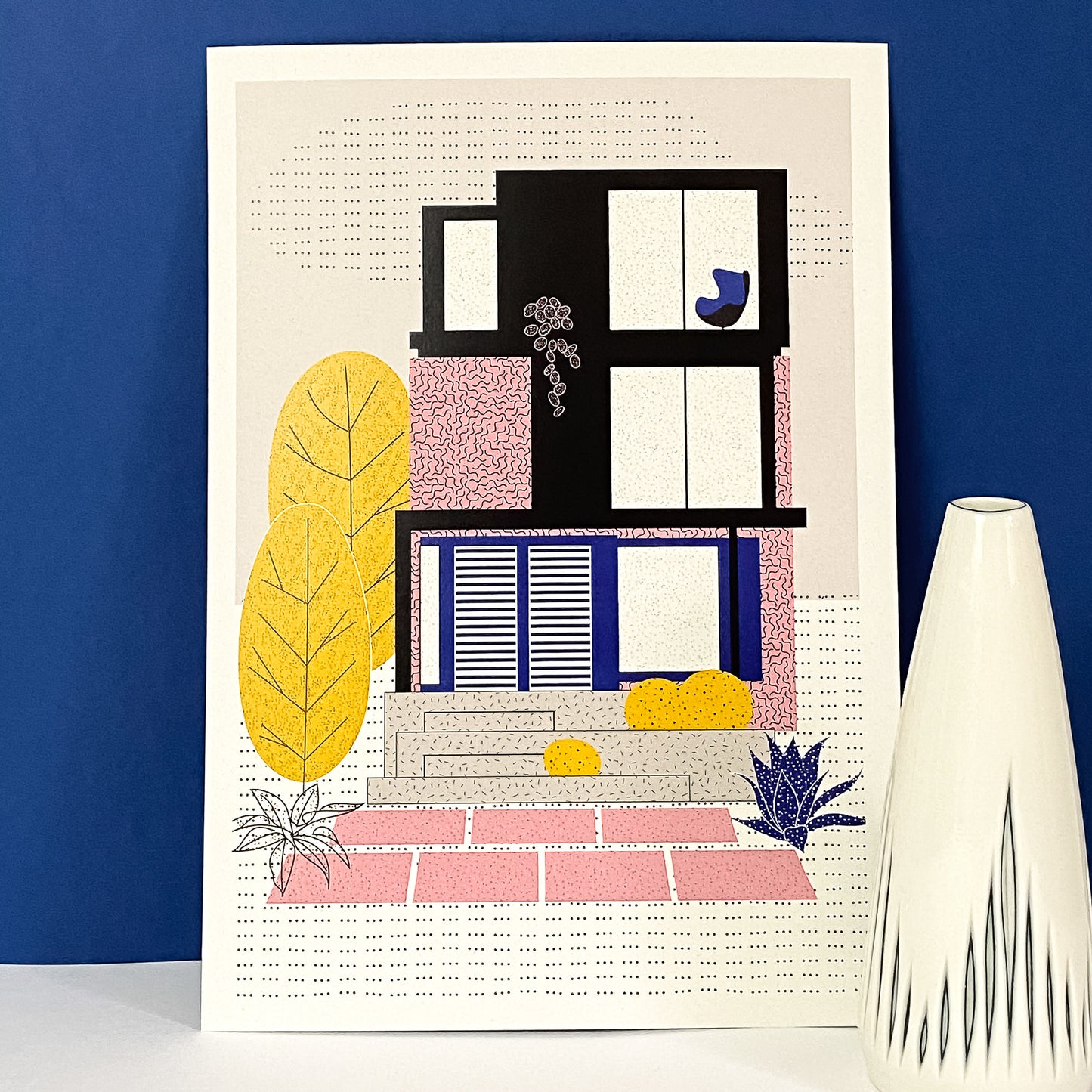 Pink Suburbs Art Print by The Print Lass. Shown unframed with vase (not included)