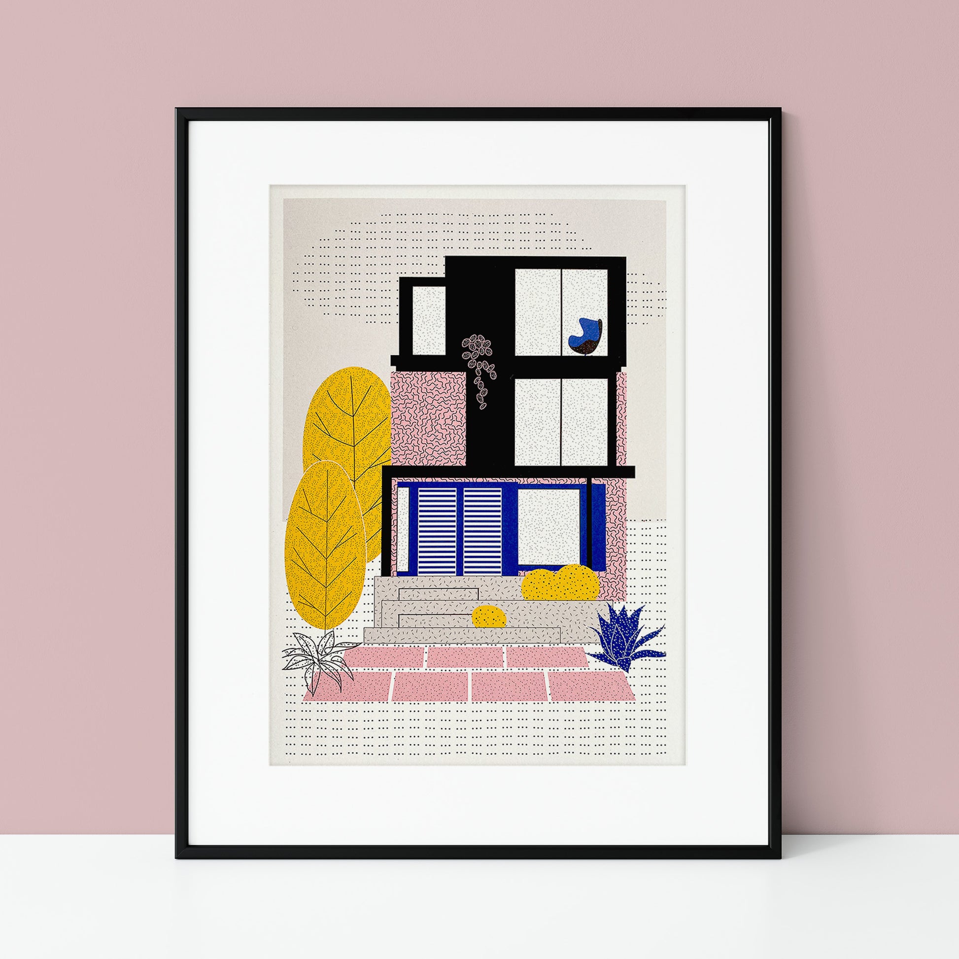 Pink Suburbs Art Print by The Print Lass. Shown in black frame with mount (not included)