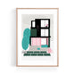 Teal Mid Century Townhouse Art Print by The Print Lass. Shown in a light wood frame (not included) on a white background