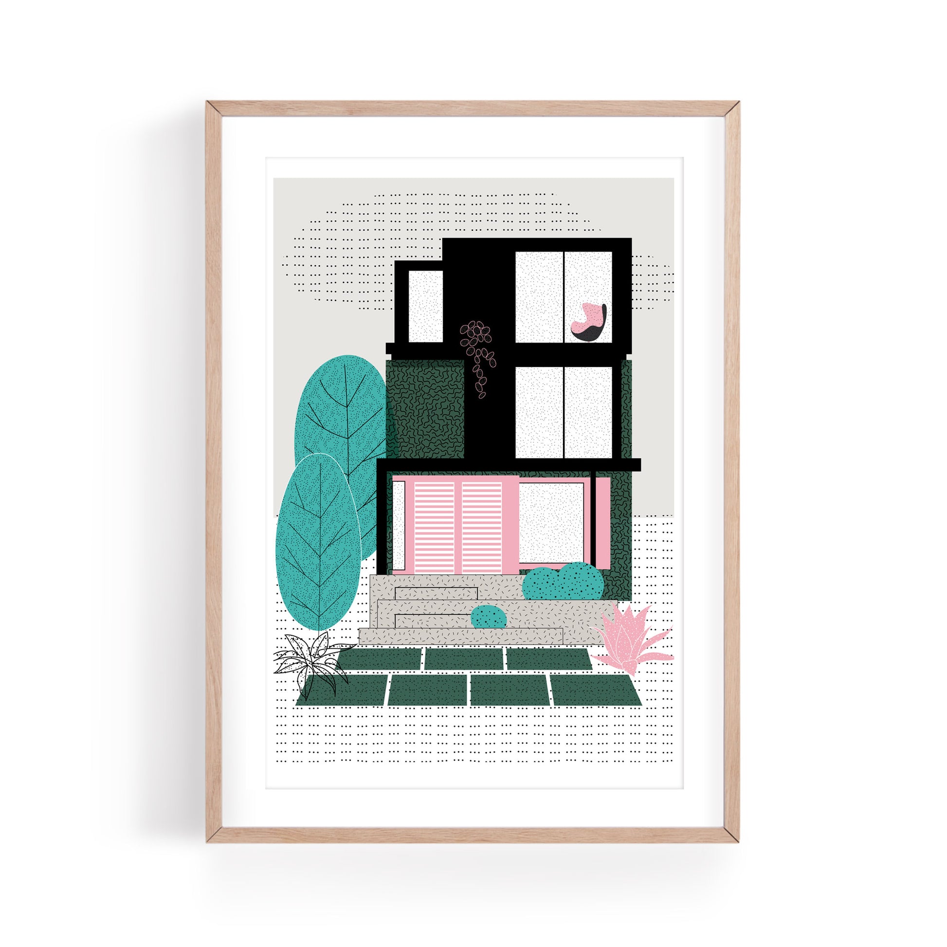 Teal Mid Century Townhouse Art Print by The Print Lass. Shown in a light wood frame (not included) on a white background