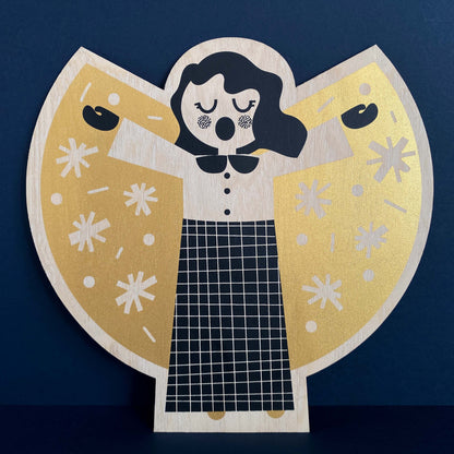 Screen Printed Angel by The Print Lass - Gold Angel shown on a navy background