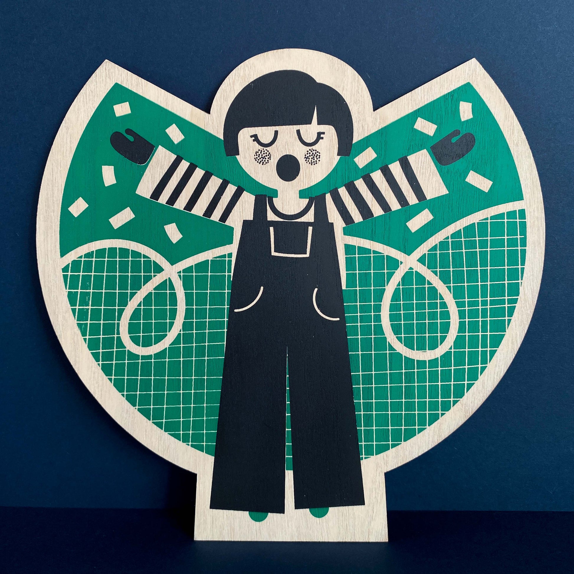 Wooden Screen Printed Angel by The Print Lass - shown on navy background