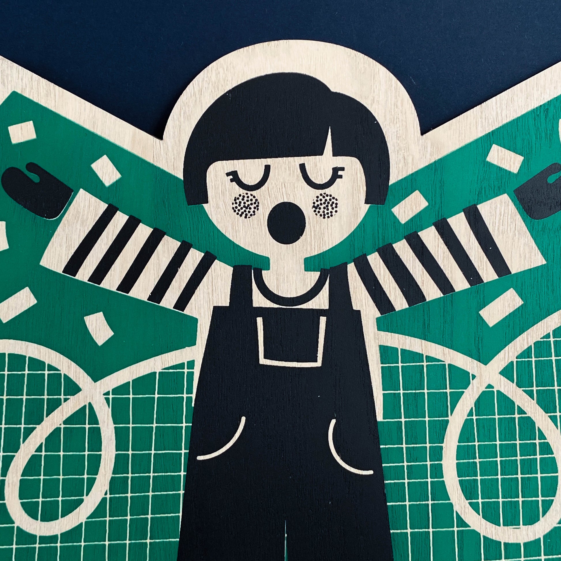 Wooden Screen Printed Angel by The Print Lass - shown on navy background