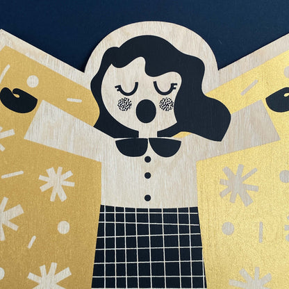 Screen Printed Angel by The Print Lass - Gold Angel close up shown on a navy background
