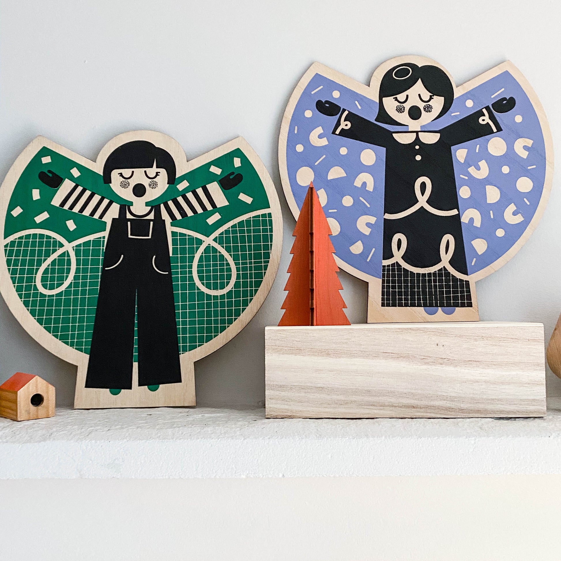 Wooden Screen Printed Angels by The Print Lass - green and lilac angel on a pale grey background
